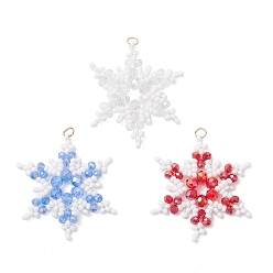 (52) Непрозрачная лаванда 3шт 3цвета стеклянные бусины снежинки подвески, с 304 соединительным кольцом из нержавеющей стали и стеклянными бусинами, реальный 18 k позолоченный, граненые, разноцветные, 36x33x4 мм, отверстие : 2.5 мм, 1 шт / цвет