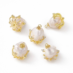 Real 18K Gold Plated Rack Plating Brass Pendants, Flower Charms, with Natural Pearl, Long-Lasting Plated, Cadmium Free & Nickel Free & Lead Free, Real 18K Gold Plated, 19x14x15.5mm, Hole: 1.8mm