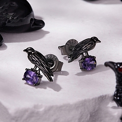 Птица Хэллоуин 925 серьги-гвоздики из стерлингового серебра с кубическим цирконием, металлический черный , птица, 7x11 мм