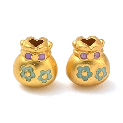 Небесно-голубой Эмали сплава Европейский бисером, мешок для денег с цветочным узором, матовый золотой цвет, бусины с большим отверстием, голубой, 13x12x10 мм, Отверстие : 1.5 мм & 4 мм