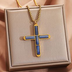 Blue Agate 304 Подвеска в виде религиозного креста из нержавеющей стали с кулоном из окрашенного натурального синего агата., золотые, 21.65 дюйм (55 см)