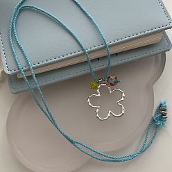 Flower Alloy Glass Outline Pendant Cotton Cord Long Necklaces, Platinum, Light Blue, Flower, 27.56 inch(70cm)