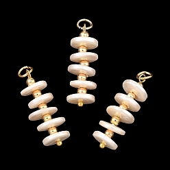 Beige Electroplated Shell Pearl & Brass Pendants, Disc Charms, with 304 Stainless Steel Open Jump Rings, Beige, 26x8.5x8.5mm, Hole: 3.5mm