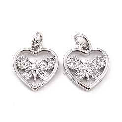 Платина Латунные микро проложить кубического циркония подвески, с прыжковых колец, долговечный, без кадмия и без свинца, сердце с бабочкой, Реальная платина, 11x10x1.5 мм, отверстие : 2.6 мм
