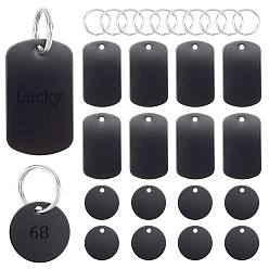 Noir Kit de fabrication de porte-clés à breloques vierges à tamponner soi-même, y compris rectangle en aluminium et pendentifs ronds plats, 304 fermoir porte-clés en acier inoxydable, noir, 58 pcs / boîte