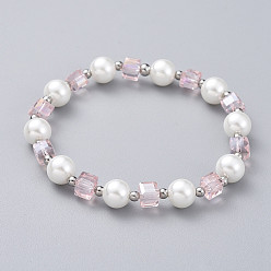 Pink Glass Beads Stretch Bracelets, with Stainless Steel Beads, Round & Cube, Pink, 2-1/8 inch(5.5cm)
