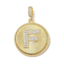 Letter F Латунные микропаве прозрачные подвески с фианитом, плоский круглый с подвесками в виде букв, без свинца и без кадмия, долговечный, стойки покрытие, реальный 18 k позолоченный, Буква F, 24.5x21.5x2.5 мм, отверстие : 4.5x3.5 мм