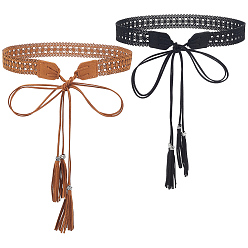 Mixed Color 2Pcs 2 Colors Bohemian Imitation Leather Tassel Wrap Chain Belts, with Alloy Flower Beads, Platinum, Mixed Color, 1690x28.5x9mm, 1pc/color