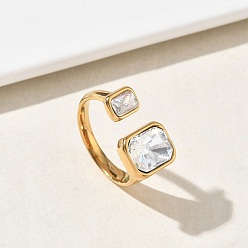 Квадрат 304 Открытые кольца-манжеты из нержавеющей стали с прозрачными кубическими циркониями для женщин, золотые, квадратный, внутренний диаметр: 19.2 мм