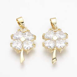 Real 18K Gold Plated Brass Cubic Zirconia Pendants, Nickel Free, Real 18K Gold Plated, Clover, 22x14x4.5mm, Hole: 3.5x4.5mm