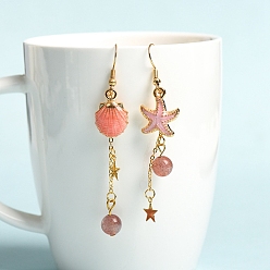 Strawberry Quartz Strawberry Quartz Dangle Earrings, Alloy Enamel Starfish & Shell Asymmetrical Earrings for Women, 75x8mm