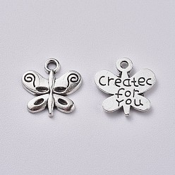 Antique Silver Insect Theme, Tibetan Style Alloy Pendants, Dragonfly, Beetle, Dragonfly, Bee, Ladybug, Butterfly with Word Create for You, Antique Silver, 24pcs/set