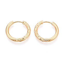 Настоящее золото 18K Серьги из 304 нержавеющей стали, текстурированное кольцо, реальный 18 k позолоченный, 18x19x2.5 мм