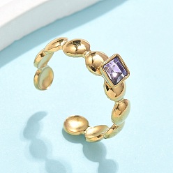 Лиловый 304 из нержавеющей стали Манжета кольца для женщин, квадратный, с кубического циркония, реальный 18 k позолоченный, сирень, 5.5 мм