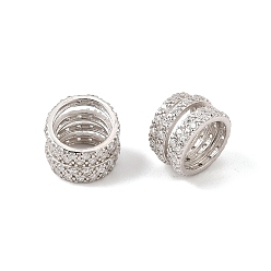 Real Platinum Plated 925 Sterling Silver Micro Pave Clear Cubic Zirconia European Beads, Multi Ring Large Hole Beads, Rack Plating, Long-Lasting Plated, Rhodium Plated, Real Platinum Plated, 9x6.5~7mm, Hole: 6mm