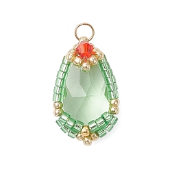 Светло-зеленый Стеклянные подвески, слеза, с 304 соединительными кольцами из нержавеющей стали и стеклянными бусинами, граненые, светло-зеленый, 22.5x14x8 мм, отверстие : 3 мм