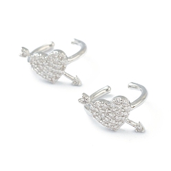 Platinum Brass Micro Pave Clear Cubic Zirconia Cuff Earrings, Heart with Arrow, Platinum, 14x1.5mm