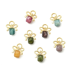 Турмалин Подвески из натурального разноцветного турмалина, Подвеска в виде граненого куба с латунным бантиком, золотые, 10.5~11x10.5~11x5~5.5 мм, отверстие : 3.5 мм