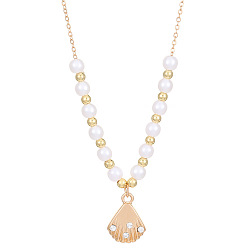 Золотой Подвеска в форме ракушки из сплава с кристаллами и стразами, круглая пластиковая имитация жемчуга, ожерелья для женщин, белые, золотые, 18.90 дюйм (48 см)