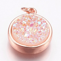 WhiteSmoke Brass Charms, with Druzy Resin Cabochon, Flat Round, Rose Gold, WhiteSmoke, 14x11.5x3mm, Hole: 2mm