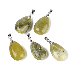 Лимонный Нефрит Натуральный лимон нефритовые подвески, слезинки, с защелкой из нержавеющей стали на поручнях, цвет нержавеющей стали, 28~32x14~16x8~10 мм, отверстие : 4.5x3.5 мм