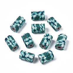 Teal Handmade Polymer Clay Beads, Column with Jewelry Crafts Pattern, Teal, 11x6~7.5mm, Hole: 2~3mm