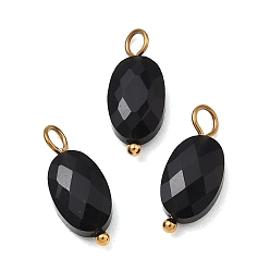 Black Onyx Подвески из натурального черного оникса, Граненые плоские овальные подвески с петлями из нержавеющей стали, ионное покрытие (ip), золотые, окрашенная и подогревом, 304 мм, отверстие : 18~19x7.5~8x4.5~9 мм