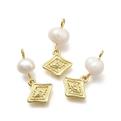 Rhombus Латунные микро проложить кубического циркония подвески, злые глаза, стойки покрытие, долговечный, без кадмия и без свинца, реальный 18 k позолоченный, с натуральной жемчужиной, ромб, 19.5 мм, отверстие : 1.8 мм