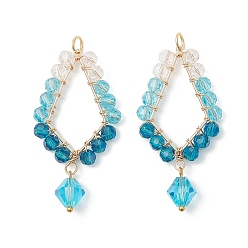 Зеленый Стеклянные подвески, слеза, с латунным и 304 нержавеющим соединительным кольцом, граненые, зелёные, 44x23~23.5x8 мм, отверстие : 3.5 мм