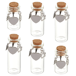Античное Серебро 6шт 3 стили прозрачные стеклянные трубки бутылки желаний, с подвесками в виде крыльев в виде сердца и собачьей лапы из сплава и нержавеющей стали и пробковой пробкой, для золы из костей домашних животных, античное серебро, 304 см, 4~7.5 шт / стиль