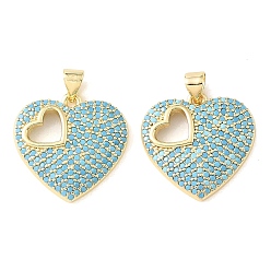 Real 18K Gold Plated Brass Micro Pave Sky Blue Cubic Zirconia Pendants, Heart Charms, Rack Plating, Long-Lasting Plated, Cadmium Free & Lead Free, Real 18K Gold Plated, 21x21x3mm, Hole: 4x3.5mm
