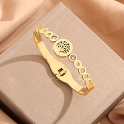 Золотой Шарнирные браслеты из нержавеющей стали для женщин, со стразами, плоские круглые с деревом, золотые, внутренний диаметр: 2-3/8~2-1/2 дюйм (6~6.2 см)