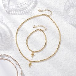 Золотой Комплекты украшений из латунных круглых бусин, включая ожерелье и браслеты, крестик, золотые, 410 мм