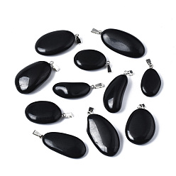 Black Stone Natural Black Stone Pendants, with Platinum Tone Brass Bails, Nuggets, 28~32x16~24x6~11mm, Hole: 7x2mm