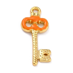 Orange Golden Alloy Enamel Pendants, Long-Lasting Plated, Key, Orange, 27x12x2mm, Hole: 1.8mm