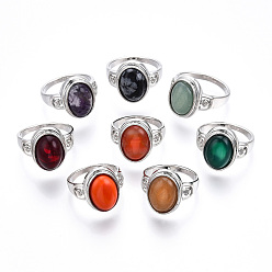 Mixed Stone Natural Mixed Gemstone Oval Finger Rings, Platinum Plated Alloy Jewelry for Women, Inner Diameter: 17.5~20.1mm