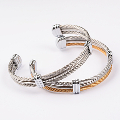 Stainless Steel Color Trendy Men's Torque Bangles, 304 Stainless Steel Rope Cuff Bangles, with Metal Findings, Stainless Steel Color, 64x52mm