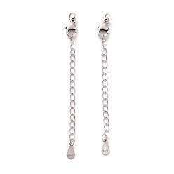 Antique Silver 925 Sterling Silver Chain Extenders, with Lobster Claw Clasps & Charms, Teardrop, Antique Silver, 63x2.5mm, Hole: 2.4mm
