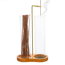 Chocolate Porta incienso de cristal, con base de madera y clips de hierro, Suministros budistas zen de la casa de té de la oficina en el hogar, chocolate, 149.5x77x15 mm