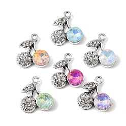 Platinum Alloy Rhinestone Pendants, Cherry Charms, with Glass, UV Plating, Mixed Color, Platinum, 18.5x17x5mm, Hole: 1.8mm