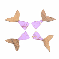 Фиолетовый Подвески из прозрачной смолы и ореха, с фольгой, форма русалки русалки, фиолетовые, 39x28x3 мм, отверстие : 2 мм