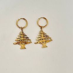 Golden Christmas 304 Stainless Steel Hoop Dangle Earrings for Women, Christmas Tree, Golden, 47.3mm