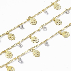 Real 18K Gold Plated Handmade Brass Curb Chains, with Skull & Clear Cubic Zirconia Diamond Charms, Soldered, with Spool, Real 18K Gold Plated, Link: 1.8x1.5x0.3mm