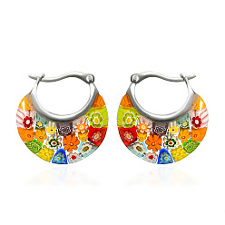 Разноцветный Плоские круглые 304 серьги-кольца из нержавеющей стали миллефиори, цвет нержавеющей стали, красочный, 25 мм