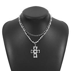 Платина Ccb пластиковый круглый бусины из железного сплава со стразами подвеска крест двухслойное ожерелье, платина, 14.37 дюйм (36.5 см) и 16.54 дюйм (42 см), 2 шт / комплект