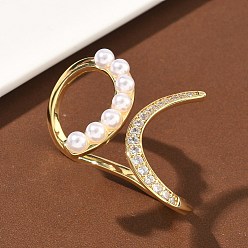 Настоящее золото 18K Открытые кольца манжеты из латуни с микропаве и кубическим цирконием, с пластмассовой жемчужиной abs, без кадмия и без свинца, долговечный, стойки покрытие, реальный 18 k позолоченный, 18x35 мм