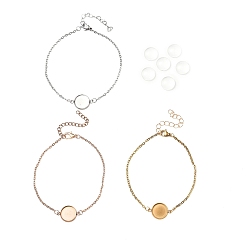 Mixed Color 12Pcs 3 Color Blank Dome Flat Round Glass Link Bracelets Set, 304 Stainless Steel Cable Chains Stackable Bracelets for Women, Mixed Color, 7-3/4 inch(19.6cm), 4Pcs/color