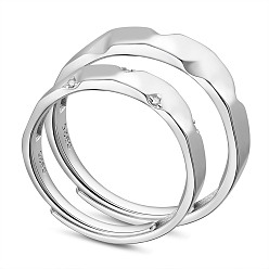 Platinum 925 Sterling Silver Adjustable Couple Rings, with Cubic Zirconia, Platinum, Size 10, 20mm, Size 8, 18mm, 2pcs/set