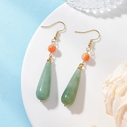 Зеленый Авантюрин Серьги-подвески из натурального зеленого авантюрина в форме капли, с натуральным окрашенным персидским нефритом, 304 фурнитура для сережек из нержавеющей стали и латуни, золотые, 67.5x10 мм