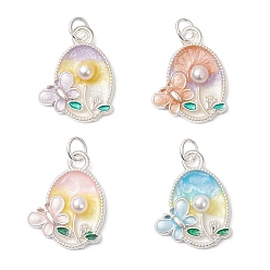 (52) Непрозрачная лаванда Подвески из эмали и сплава, Овальный с цветком и бабочкой, с 304 кольцами из нержавеющей стали, имитации жемчуга, серебряные, разноцветные, 19x15x4.5 мм, отверстие : 3 мм, 4 шт / комплект